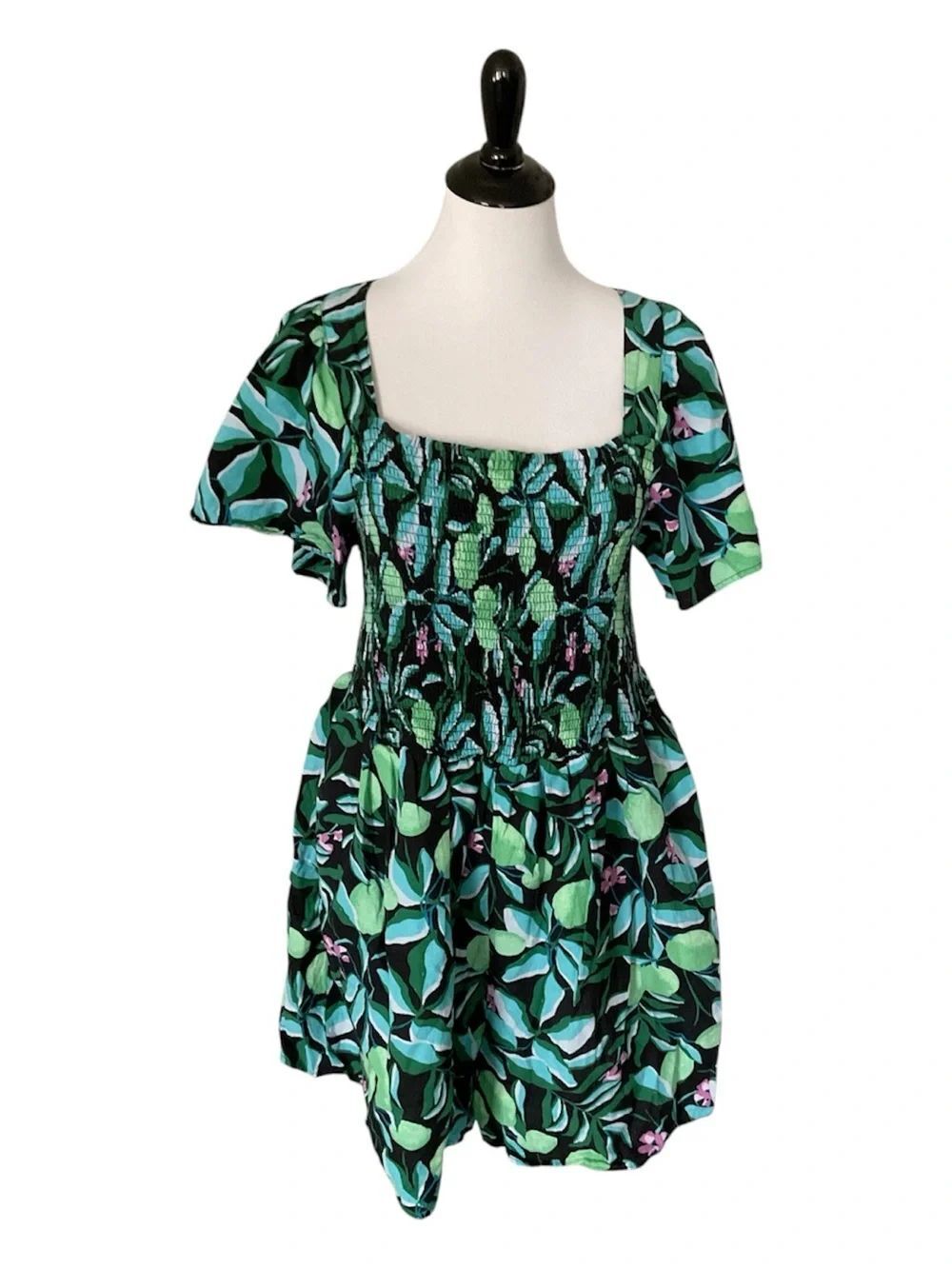 Ava & Viv Black, Green & Teal Leaf-Print Smocked Romper size 1X